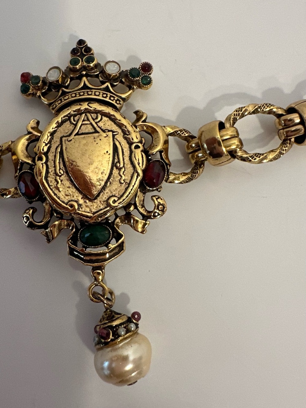 Gold-Tone Crest Bracelet with Red, Green & Pearl Drop - Picture 5 of 12